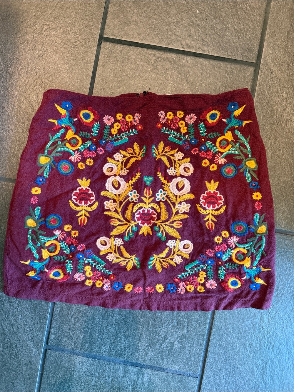 Umgee Burgundy Mini Skirt with Multicolor Floral Embroidery